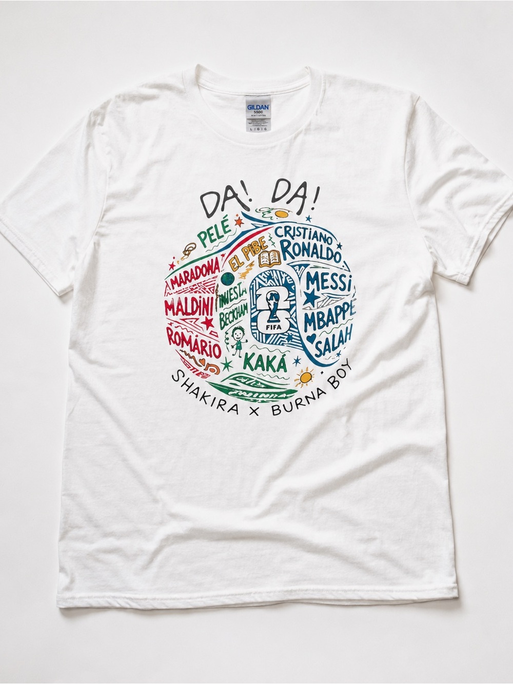 Gildan White Short Sleeve Tee with Multicolor Soccer Illustration UNISEX SIZE L
